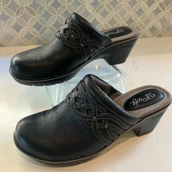 Euro Soft by Sofft Mule Heels Leather Slip On Shoes Black Clogs Womens Size 8 - Picture 1 of 13